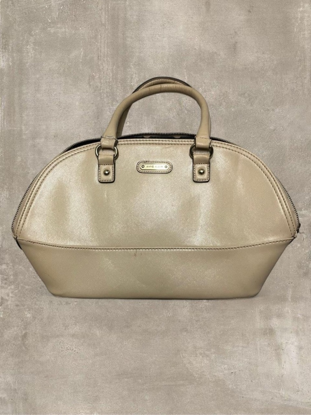 Anne Klein Structured Dome Satchel Beige Faux Leather Top Handle Bag